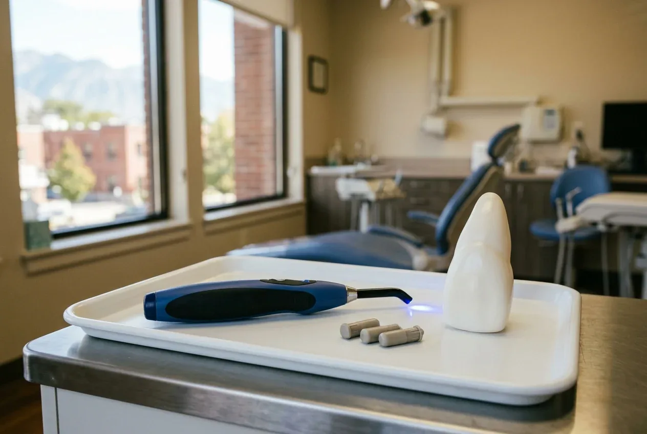 Dental curing light, composite capsules, and a tooth model on a tray in a treatment room.