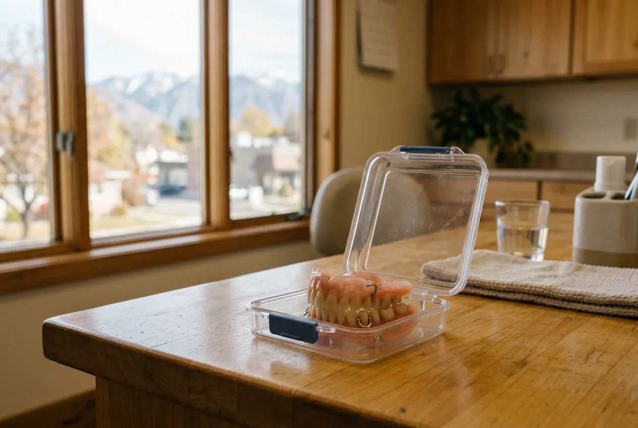 Dentures inside an open clear plastic container on a wooden countertop by a window.