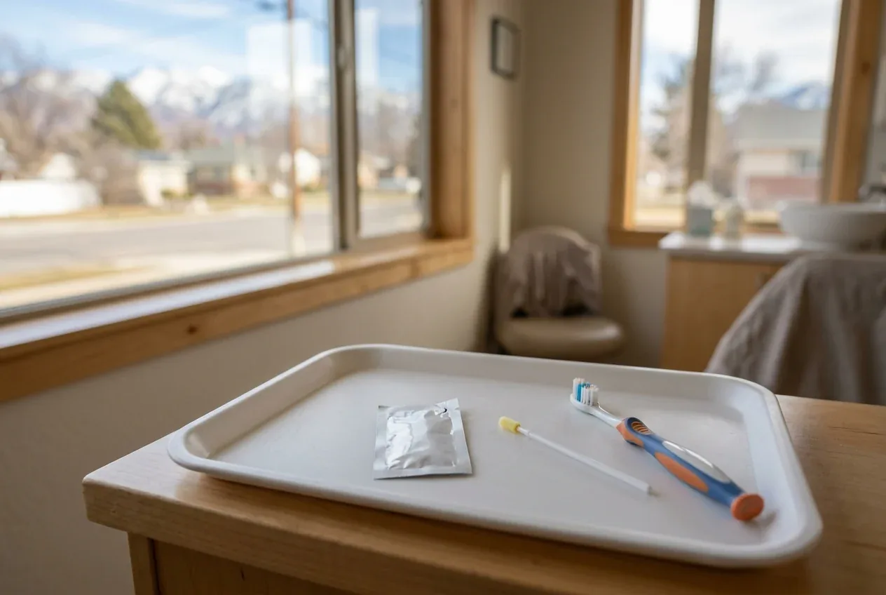 Dental tray holding a fluoride packet, applicator brush, and toothbrush by an office window.