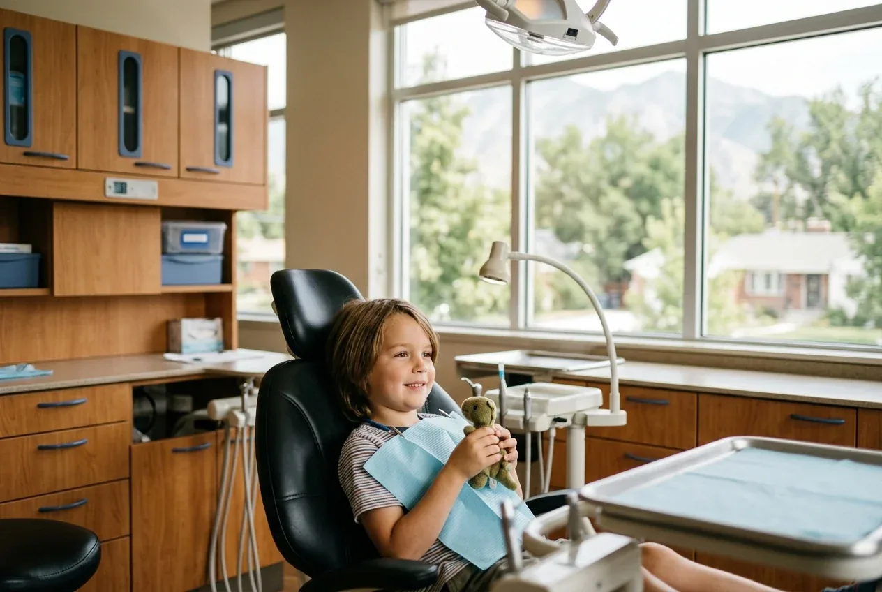 A child holding a stuffed toy smiles while sitting in a dental chair.